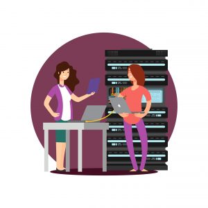 Girls engineer, technician working in server room. Digital computer center support vector illustration